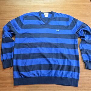 Vintage Izod Lacoste Sweater Navy Blue Stripes V Neck Cotton Mens